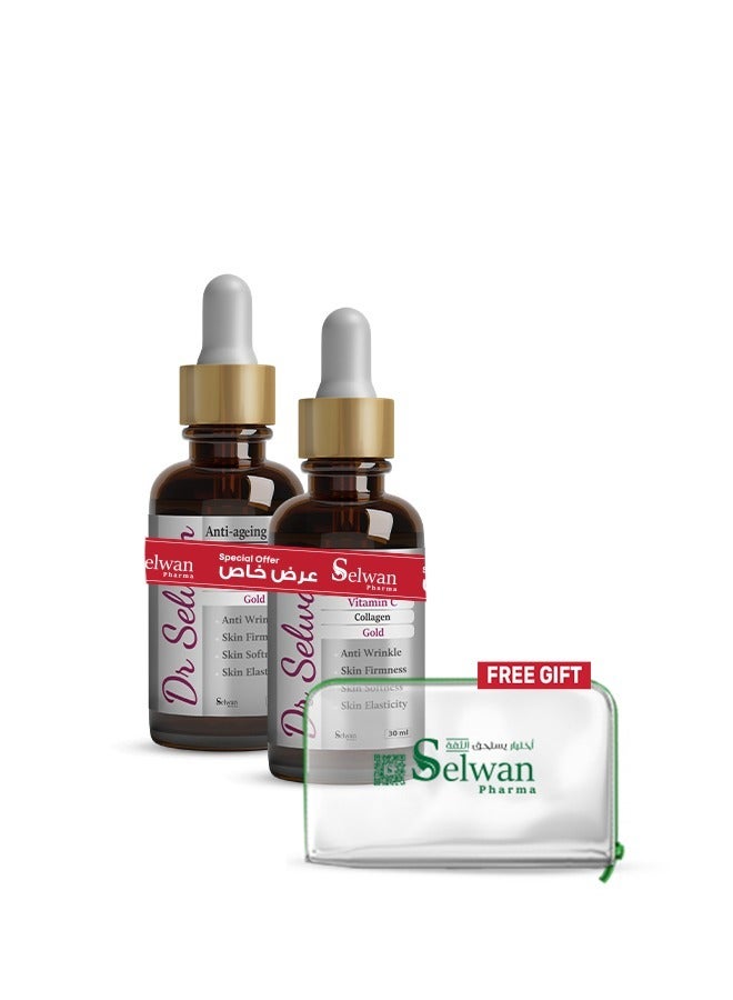 DR SELWAN Anti-Wrinkle Serum 2 Pack – Gold, Vitamin C & Collagen – 30ml – Special Offer - Image 1