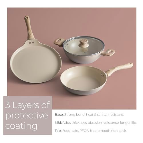 Lifelong 3 Piece Forged Cookware Set With Common Lid |2.2L Kadhai with Lid 24cm |Ceramic Coated |1.4L Fry Pan 24cm | 1.2L Tawa 26cm |Induction & Gas Compatible | Non-Riveted Handle | Non-Stick Coating - Image 5