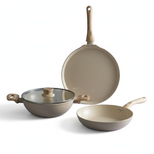 Lifelong 3 Piece Forged Cookware Set With Common Lid |2.2L Kadhai with Lid 24cm |Ceramic Coated |1.4L Fry Pan 24cm | 1.2L Tawa 26cm |Induction & Gas Compatible | Non-Riveted Handle | Non-Stick Coating - Image 1