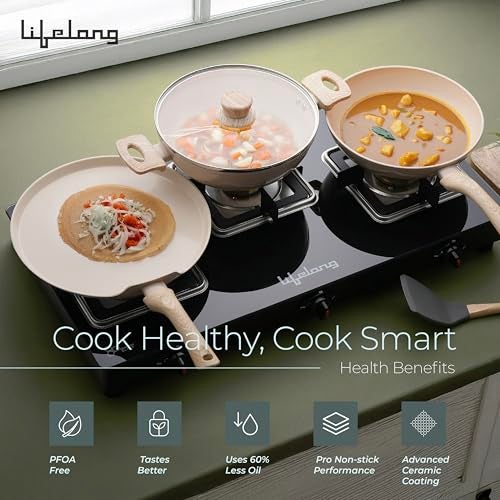 Lifelong 3 Piece Forged Cookware Set With Common Lid |2.2L Kadhai with Lid 24cm |Ceramic Coated |1.4L Fry Pan 24cm | 1.2L Tawa 26cm |Induction & Gas Compatible | Non-Riveted Handle | Non-Stick Coating - Image 3
