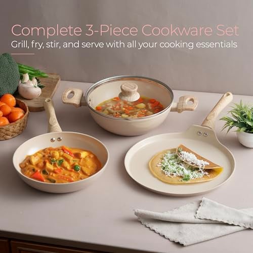 Lifelong 3 Piece Forged Cookware Set With Common Lid |2.2L Kadhai with Lid 24cm |Ceramic Coated |1.4L Fry Pan 24cm | 1.2L Tawa 26cm |Induction & Gas Compatible | Non-Riveted Handle | Non-Stick Coating - Image 4