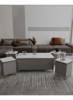 Luxury Coffee Table Set – 5 Pieces, Elegant Light Gray Design with Gold Accents & Premium White Marble Top, Main Table with a Length of 122 cm, Width of 61.5 cm, and Height of 51.5 cm, and Four Side Tables with a Length of 35 cm, Width of 35 cm, and Height of 51.5 cm. - pzsku/ZB20E92D7AC570CAC70FCZ/45/_/1737750126/44eef54d-a178-408a-81cb-01139ef809bc