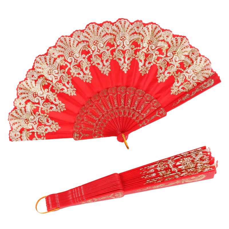 INNOLIFE Spanish Folding Retro Pattern Hand Fan for Women Handheld Chinese Folding Fan Hand Fan for Party Dancing Wedding and Home Decoration Red