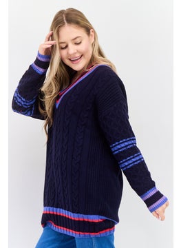 ESPRIT Women V Neck Long Sleeves Textured Sweater, Navy Combo  - Image 2