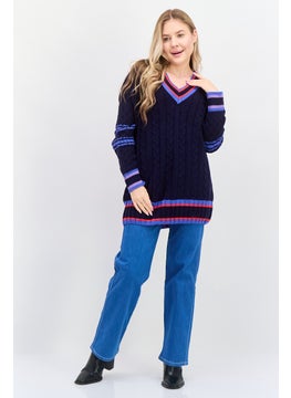 ESPRIT Women V Neck Long Sleeves Textured Sweater, Navy Combo  - Image 4