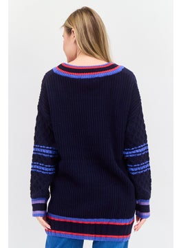 ESPRIT Women V Neck Long Sleeves Textured Sweater, Navy Combo  - Image 3