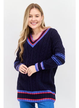 ESPRIT Women V Neck Long Sleeves Textured Sweater, Navy Combo  - Image 1