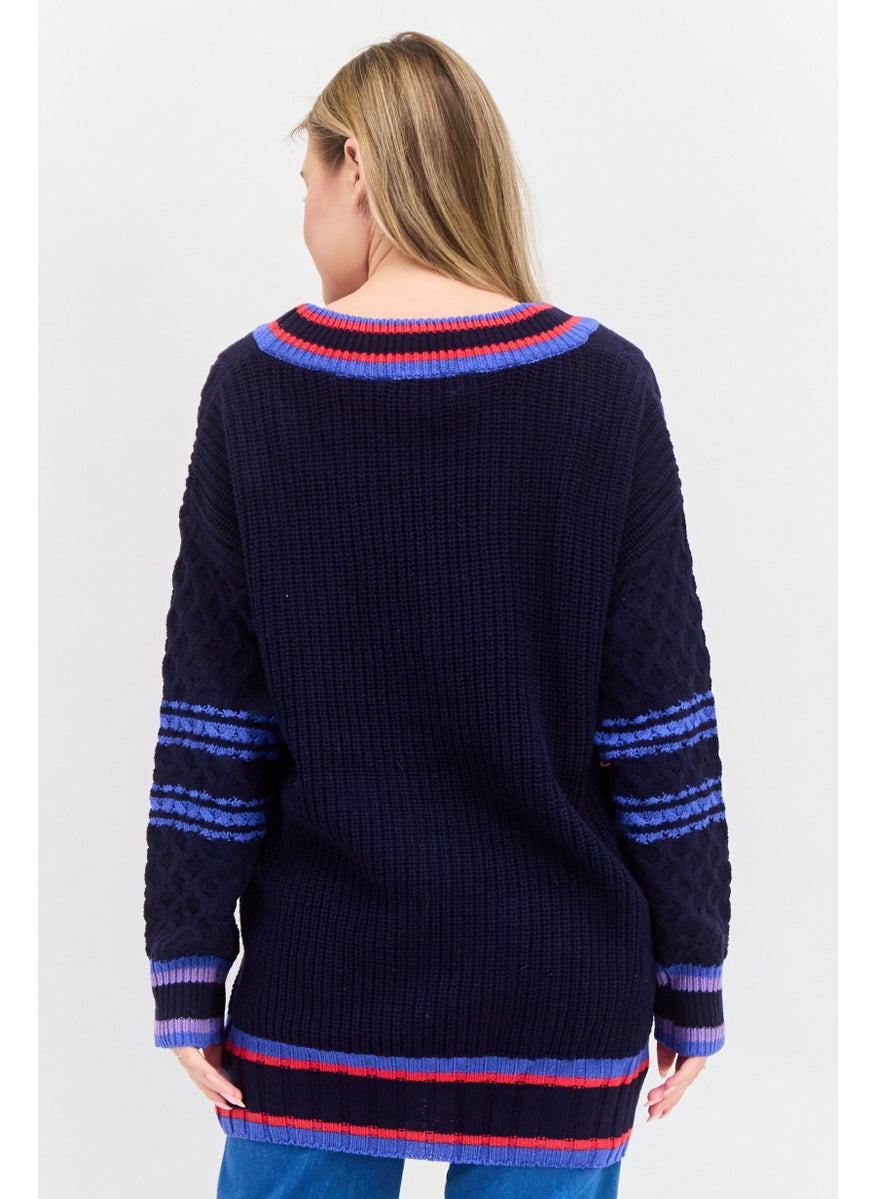 ESPRIT Women V Neck Long Sleeves Textured Sweater, Navy Combo  - Image 3