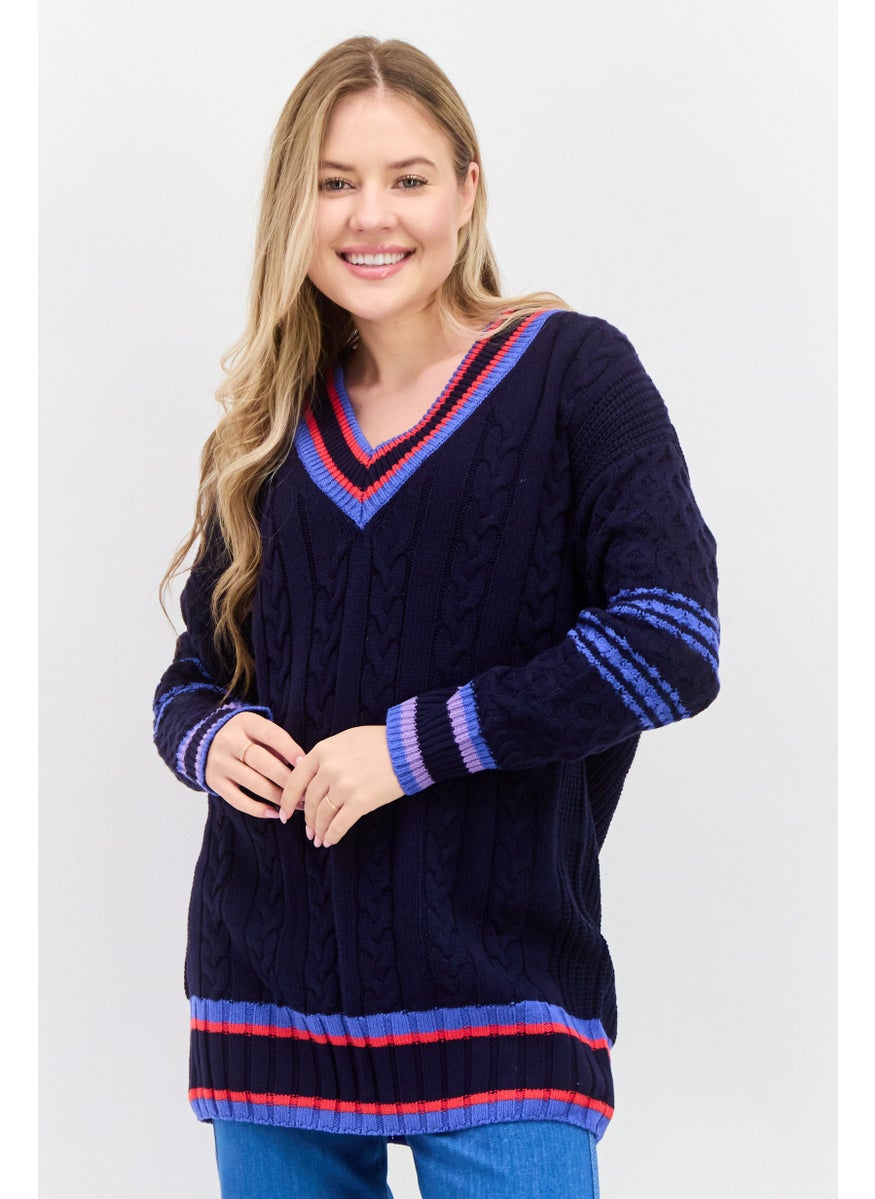 ESPRIT Women V Neck Long Sleeves Textured Sweater, Navy Combo  - Image 1