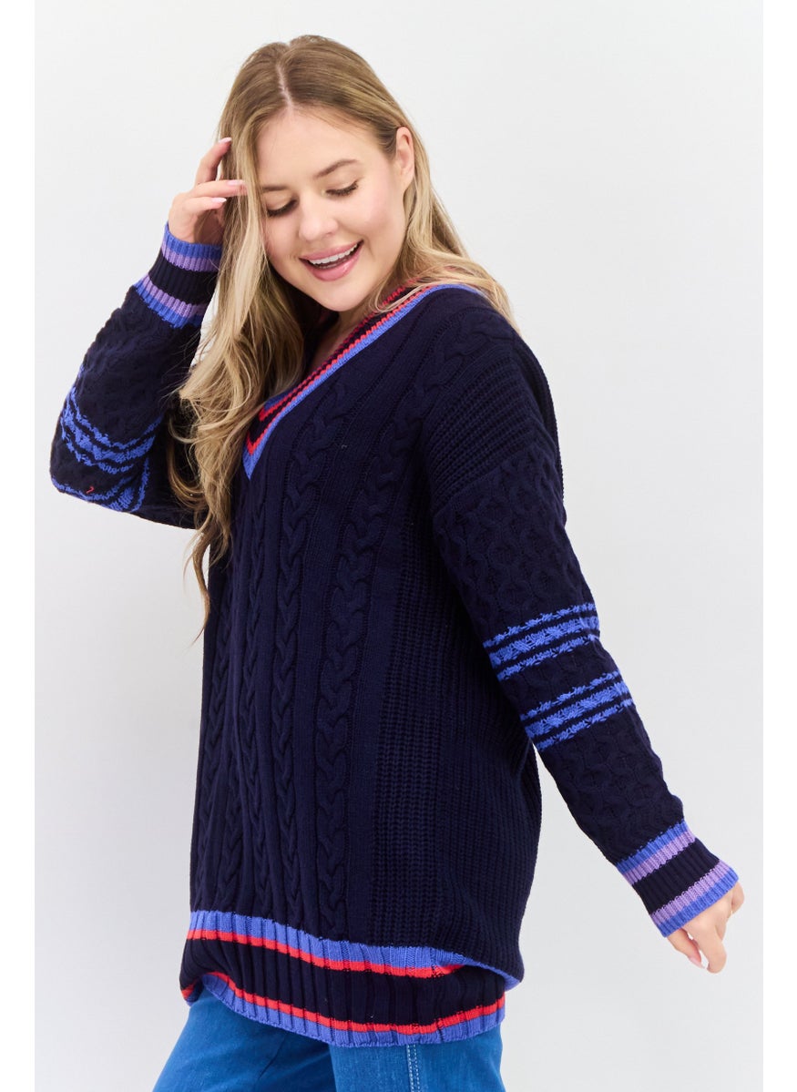 ESPRIT Women V Neck Long Sleeves Textured Sweater, Navy Combo  - Image 2
