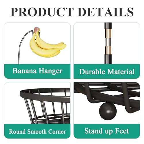 SAYZH 2-Tier Fruit Basket Bowl Stackable Vegetable Storage with Banana Tree Hanger Stand for Kitchen Countertop, Metal Wire Basket for Bread Onions Potatoes Black - Image 5
