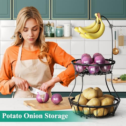 SAYZH 2-Tier Fruit Basket Bowl Stackable Vegetable Storage with Banana Tree Hanger Stand for Kitchen Countertop, Metal Wire Basket for Bread Onions Potatoes Black - Image 4