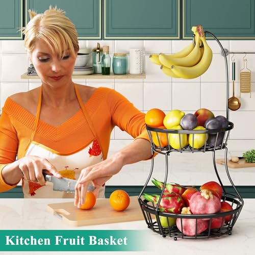 SAYZH 2-Tier Fruit Basket Bowl Stackable Vegetable Storage with Banana Tree Hanger Stand for Kitchen Countertop, Metal Wire Basket for Bread Onions Potatoes Black - Image 3