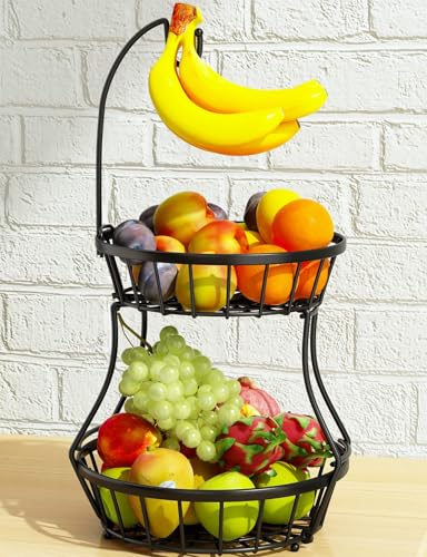 SAYZH 2-Tier Fruit Basket Bowl Stackable Vegetable Storage with Banana Tree Hanger Stand for Kitchen Countertop, Metal Wire Basket for Bread Onions Potatoes Black - Image 1