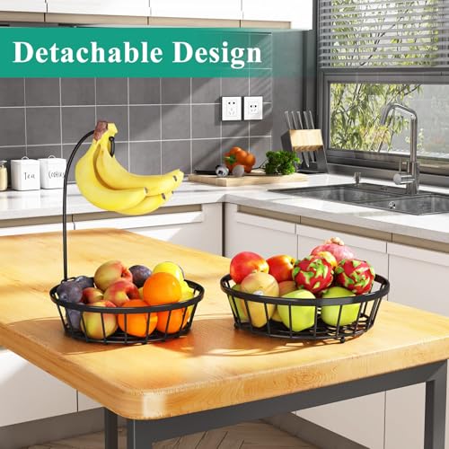 SAYZH 2-Tier Fruit Basket Bowl Stackable Vegetable Storage with Banana Tree Hanger Stand for Kitchen Countertop, Metal Wire Basket for Bread Onions Potatoes Black - Image 2