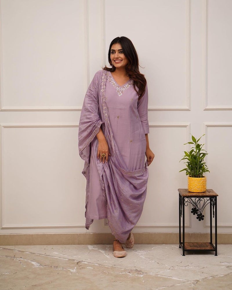Shiv Textiles Women's Chanderi Silk Embroidered Kurta Pant Dupatta Set(JDA-ZARANA-Onion-XL) - Image 3