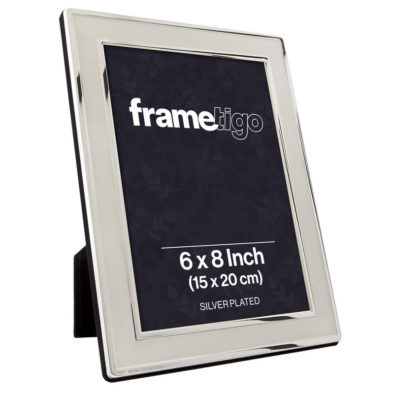 Frametigo  Silver Plated Plain Satin Photo Frame 6x8 15x20cm Photo Size  Velvet Frame Backing  Stand  Real Glass Window  TarnishResistant  Landscape or Portrait Orientation