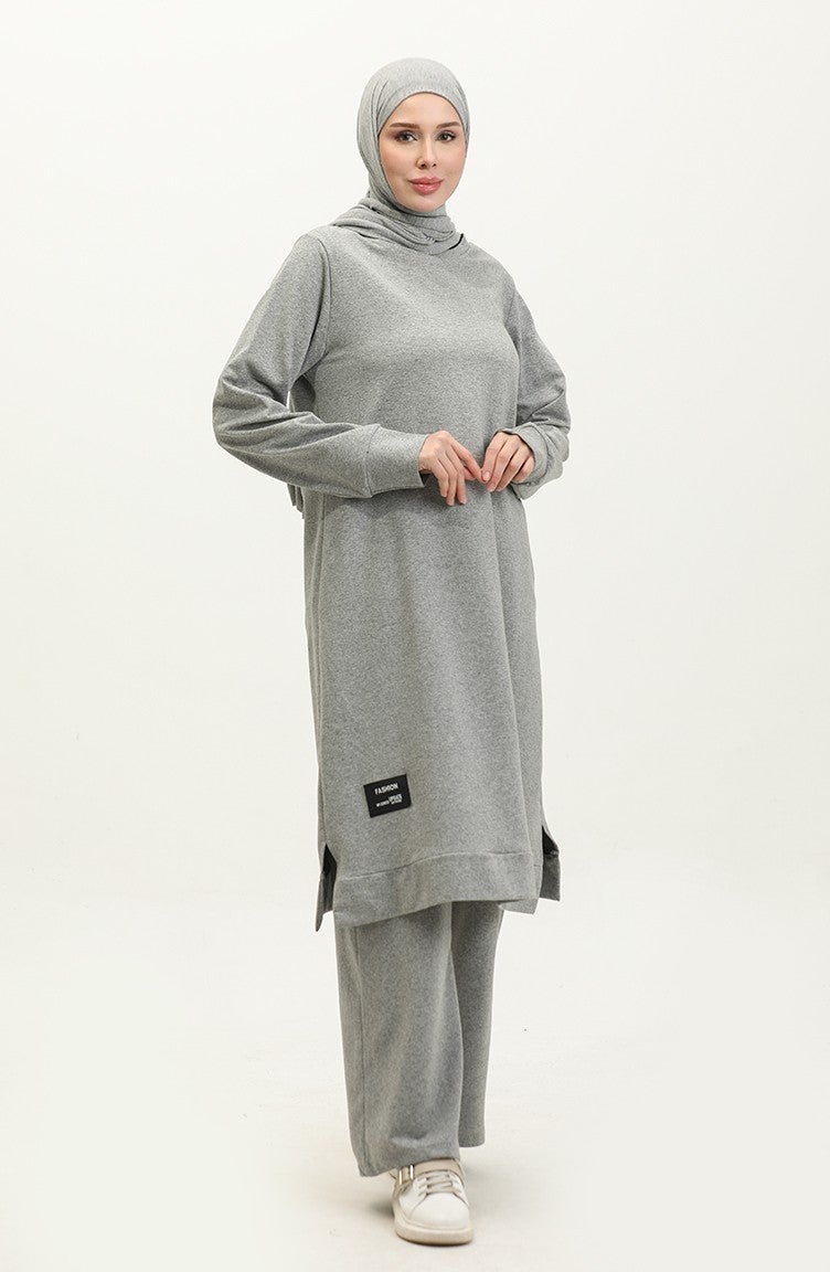 Sefa Merve Double Thread Slit Sports Tunic Trousers Double Suit 0293-01 Gray - Image 2