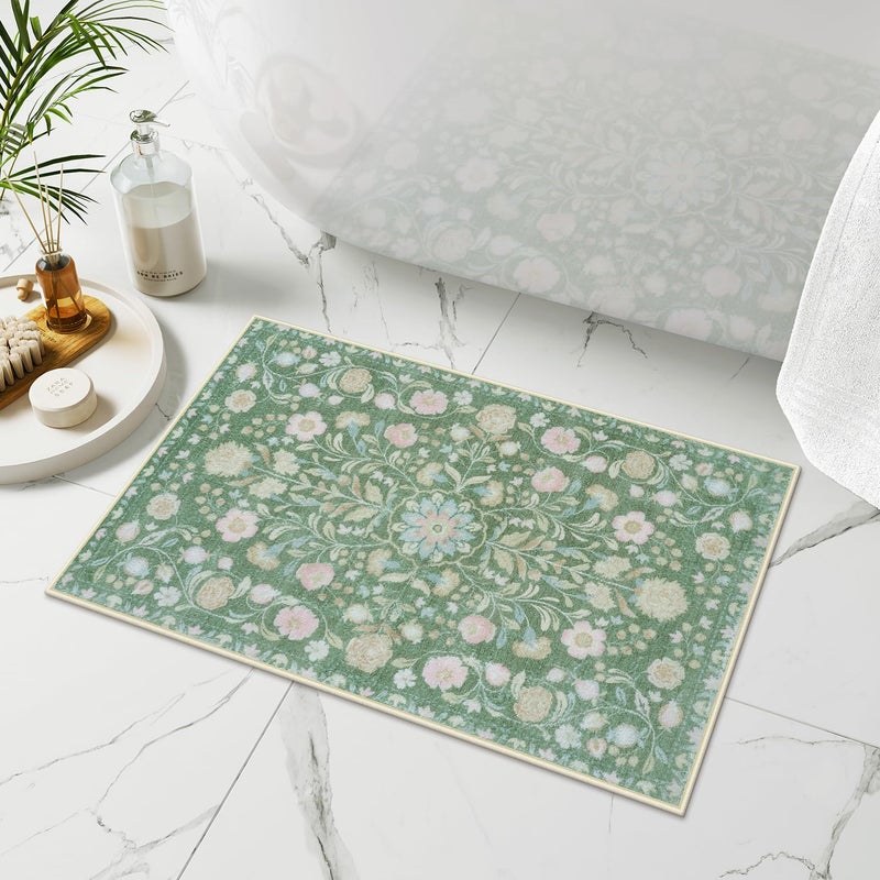 Uphome Green Bathroom Rug Distressed Boho Bathroom Mat Soft Plush Machine Washable Bath Mat Non-Slip Vintage Floral Small Bath Rug for Sink Tub Toilet, 18x26 inch - Image 1