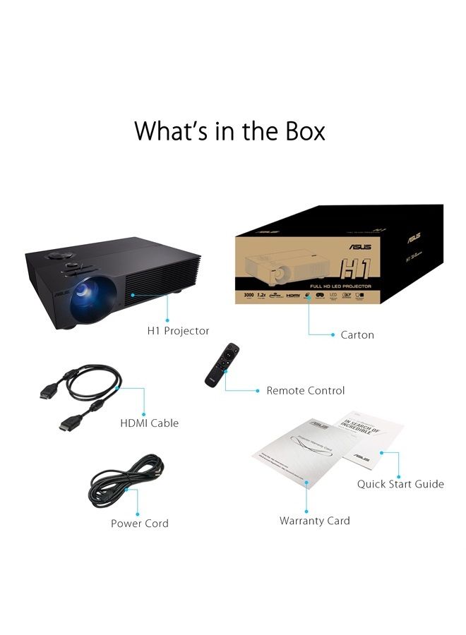 ASUS H1 1080P LED Projector - Full HD, 3000 Lumens, 120 Hz, 125% Rec. 709, 125% sRGB, Crestron Connected Certified, 10W Built-in Speaker, HDMI, Compatible with PS5 & Xbox Series X/S