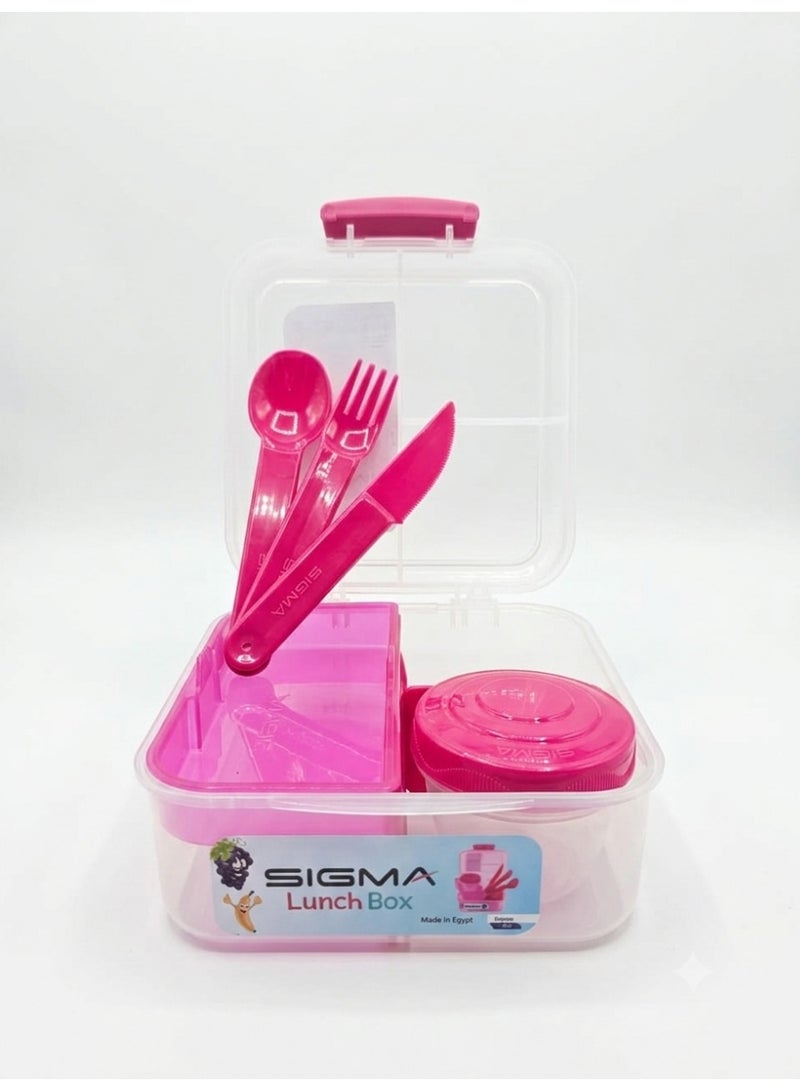 SIGMA Multi-Compartment Kids & Adults Lunch Box (1.25L) with Cutlery Set & Sauce Container –Light  Red - Image 2