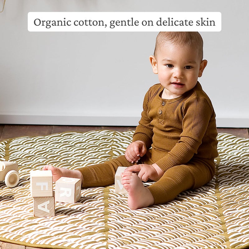 Toddlekind 100% Organic Cotton 48" Reversible Quilted Luxe Play Mat for Babies/Toddlers, Multifunctional, Sand Castle (Ochre/Gold) - Image 5
