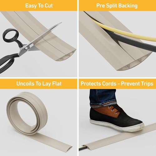 D-Line 6ft Floor Cord Cover, Cable Protector, Hide Extension Cords, Protect Cords, Prevent Cable Trips, Heavy Duty Cord Hider - Cable Cavity = 0.63" (W) x 0.31" (H) - Beige - Image 2