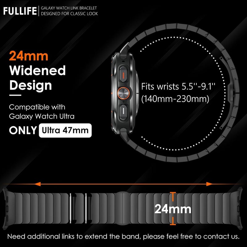 FULLIFE 24mm Wide Metal Bands Compatible with Samsung Galaxy Watch Ultra Bands 47mm Accessories for Men Women, Stainless Steel Link Folding Clasp No Gap Strap for Galaxy Watch 7 Ultra - Image 2