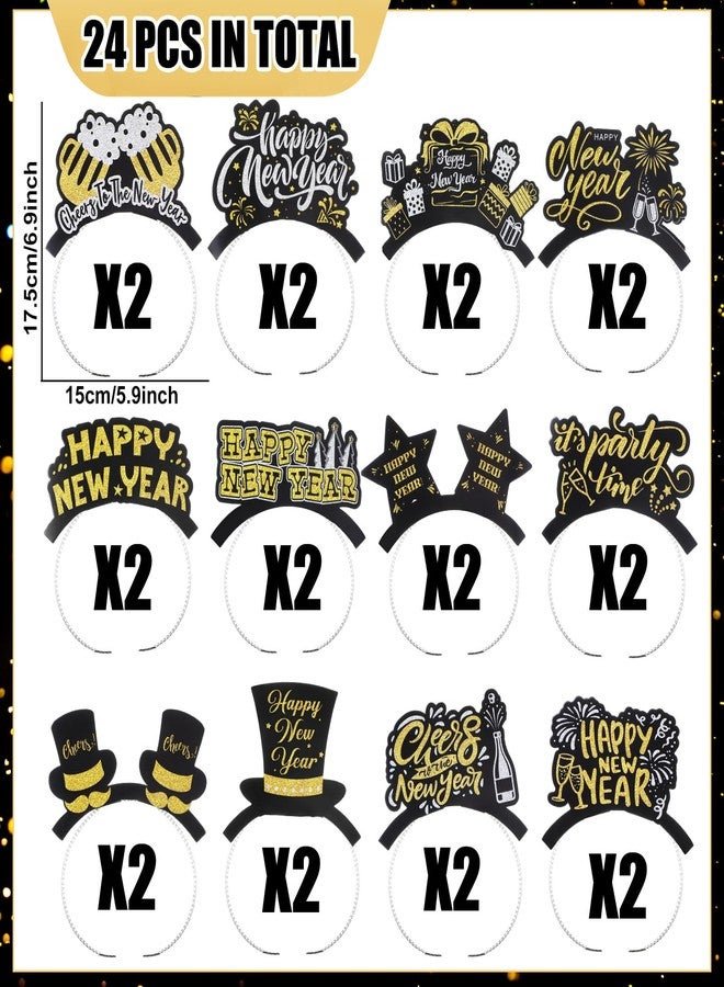 Daifunli 24 Pcs Happy New Year Headband 2026 New Year Eve Party Supplies Favor Bulk Gold Silver Black Booth Props Decoration (Classic Style) - Image 5