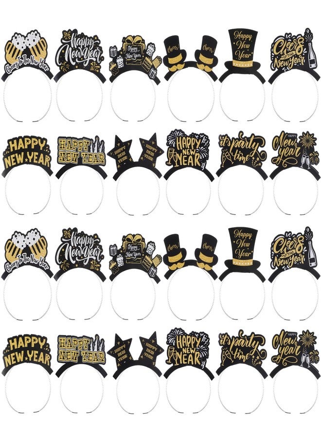 Daifunli 24 Pcs Happy New Year Headband 2026 New Year Eve Party Supplies Favor Bulk Gold Silver Black Booth Props Decoration (Classic Style) - Image 1