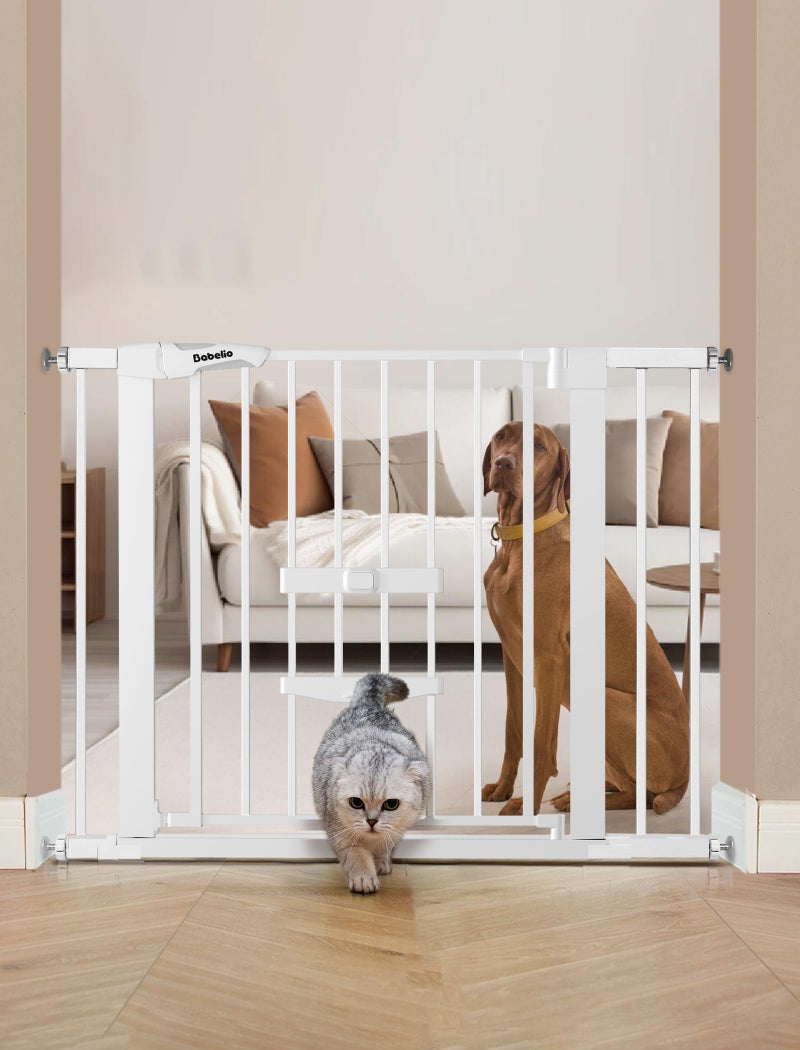 BABELIO New Version Baby Gate with Cat Door Adjustable,29-40" Metal Pet Door for Stairs & Doorways,Pressure Mounted,No Tools Needed,White - Image 1