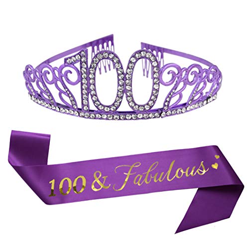 Mayin 100th Brithday Purple Tiara and Sash, Glitter Satin Sash and Crystal Rhinestone Birthday Crown for Happy 100th Birthday Party Supplies Favors Celebration 100th Surprise Party Gifts Cake Topper - Image 5