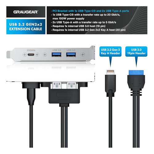 GRAUGEAR 20Gbps USB3.2 Gen2x2 USB-C Front Panel Adapter, Motherboard Header Extension Cable, USB-C and USB to USB3.2 Type-E Key-A 20-Pin and 19-Pin USB3.0 Connectors with PCIe Bracket[G-AD-ETC2A-20G] - Image 2