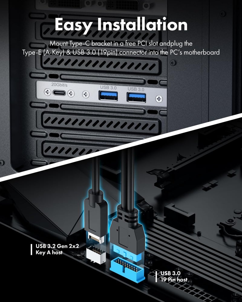 GRAUGEAR 20Gbps USB3.2 Gen2x2 USB-C Front Panel Adapter, Motherboard Header Extension Cable, USB-C and USB to USB3.2 Type-E Key-A 20-Pin and 19-Pin USB3.0 Connectors with PCIe Bracket[G-AD-ETC2A-20G] - Image 3