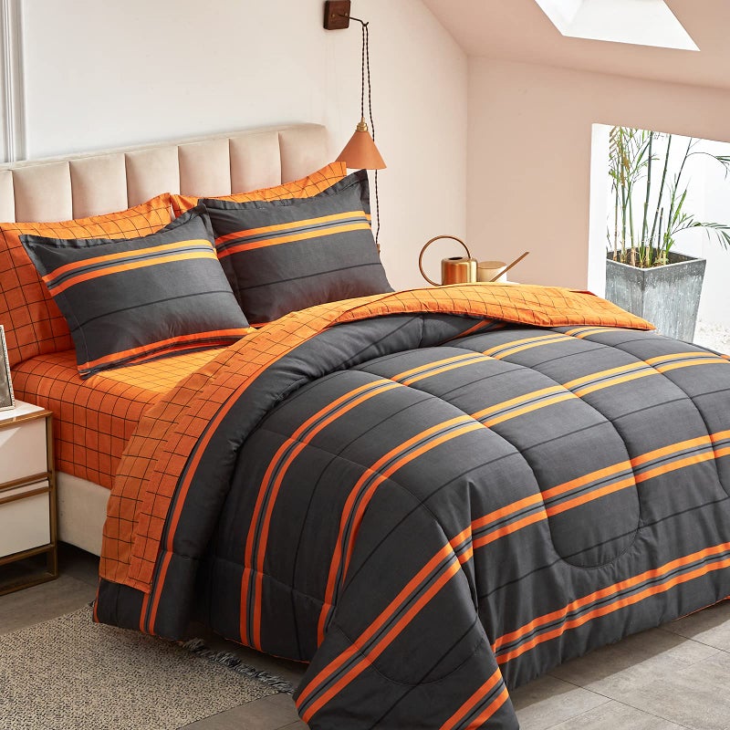 Flysheep Boho Striped Halloween Bed in a Bag 6 Pieces Twin Size Ombre Bright Orange Stripes on Black Comforter Sheet Set 1 Comforter 1 Flat Sheet 1 Fitted Sheet 2 Pillow Shams 1 Pillowcase