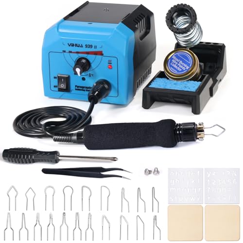 YIHUA 939-II Wood Burning Kit Station Pyrography Pen 250~750℃/482~1382℉ Temperature Adjustable with 20 Wire Nibs, 1 Stable Pen Holder, 2 Stencils, 2 Scrap Wood, 1 S/S Tweezers, and 1 Pliers (Blue) - Image 1