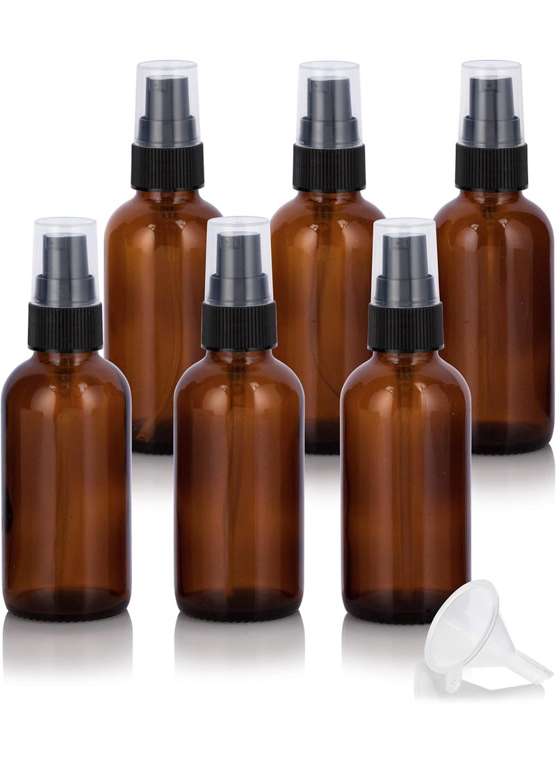 JUVITUS JUVITUS 2 oz Amber Glass Boston Round Black Treatment Pump Bottle (6 pack) + Funnel Refillable Empty Storage Containers 