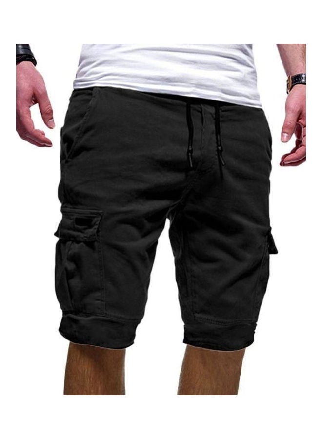 NIBEMINENT Solid Colour Casual Summer?Cargo Shorts Men Sports Jogger Drawstring Fifth Pants Black 