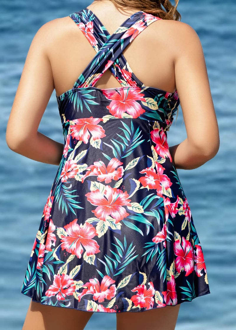 COCOPEAR Women's Elegant Crossover One Piece Swimdress Floral Skirted Swimsuit Floral 43 2XL/14-16 - Image 3