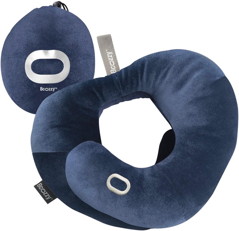 BCOZZY Flat Back Travel Neck Pillow â€“ Patented Neck Pain Relief & Support for Head, Neck, and Chin. Ideal for Airplanes, Long Flights, Car Rides. Adjustable, Washable, with Carry Bag. Large, Navy - Image 1