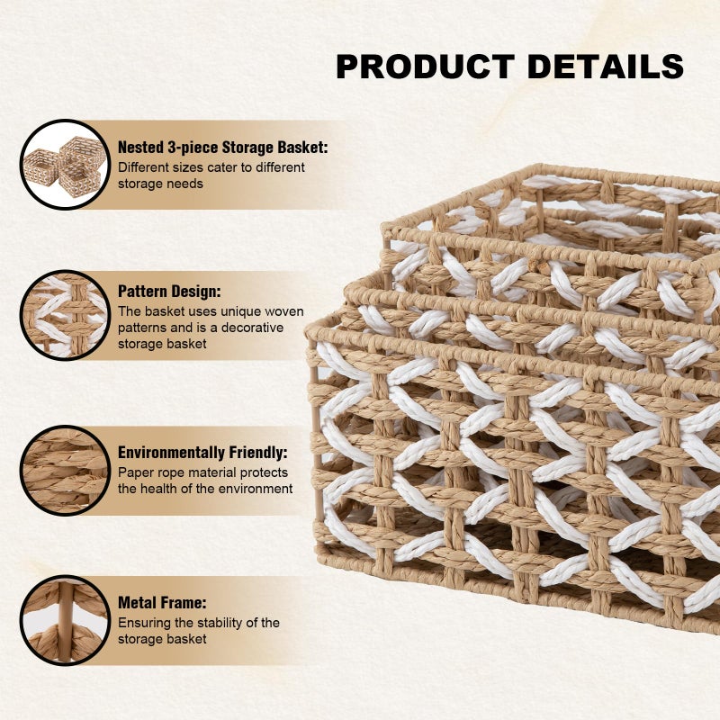 OIAHOMY Storage Baskets Paper Rope Shelf Baskets, Handwoven Small Wicker Bins for Home, Set of 3-Yellow & White - Image 4