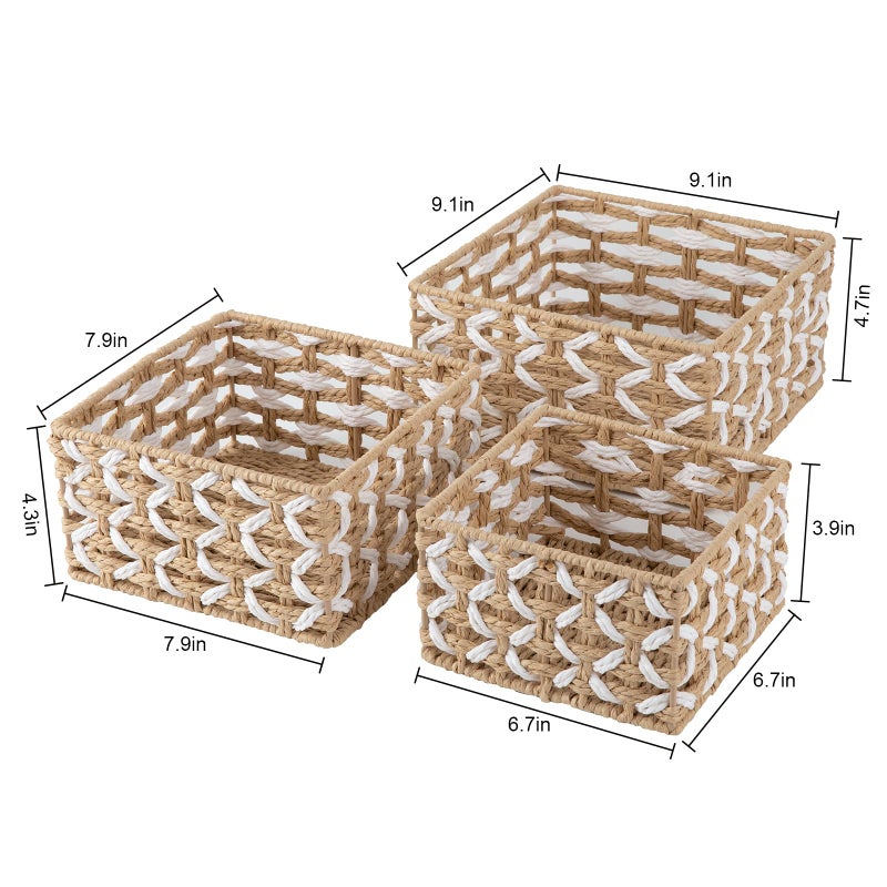 OIAHOMY Storage Baskets Paper Rope Shelf Baskets, Handwoven Small Wicker Bins for Home, Set of 3-Yellow & White - Image 3