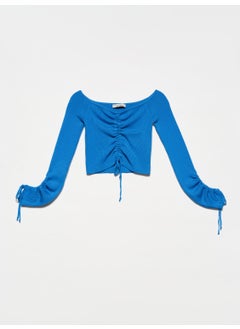 Dilvin 10192 Open Shoulder Drawstring Laced Sweater-Sax  - Image 1