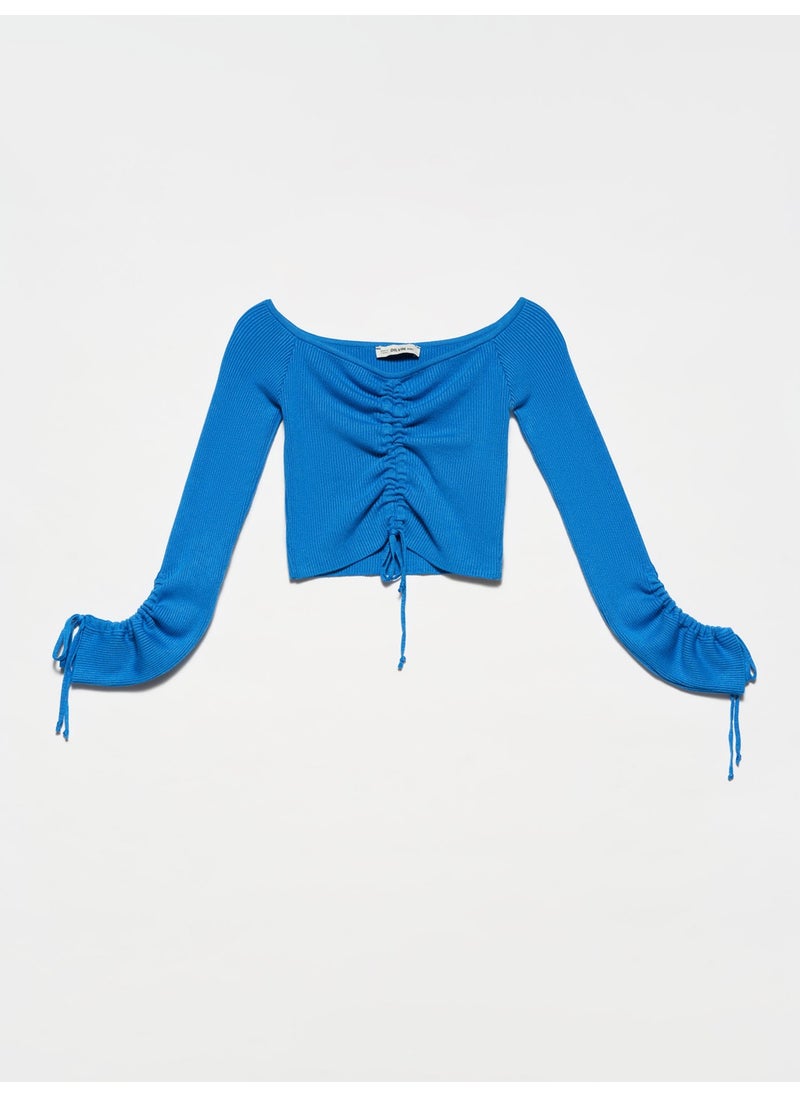 Dilvin 10192 Open Shoulder Drawstring Laced Sweater-Sax  - Image 1