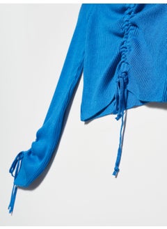 Dilvin 10192 Open Shoulder Drawstring Laced Sweater-Sax  - Image 2