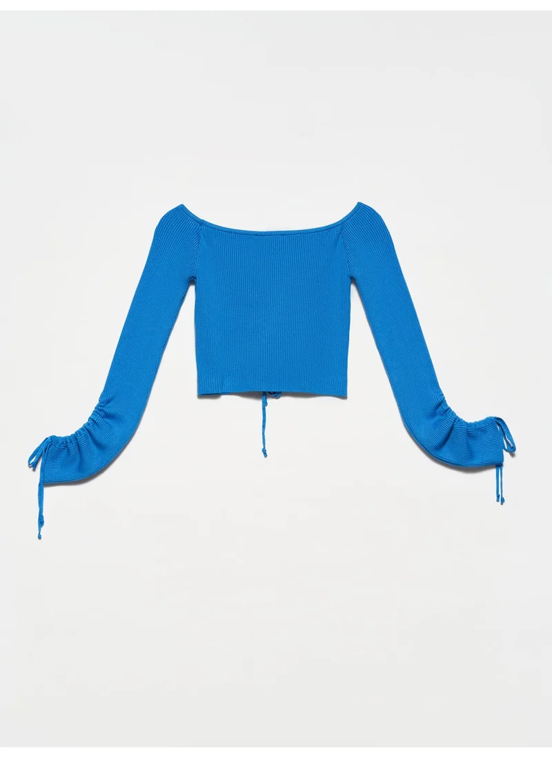 Dilvin 10192 Open Shoulder Drawstring Laced Sweater-Sax