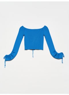 Dilvin 10192 Open Shoulder Drawstring Laced Sweater-Sax  - Image 3