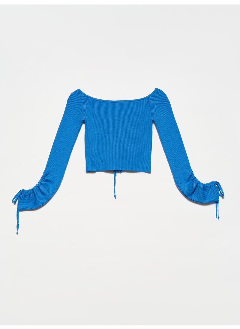 Dilvin 10192 Open Shoulder Drawstring Laced Sweater-Sax  - Image 3