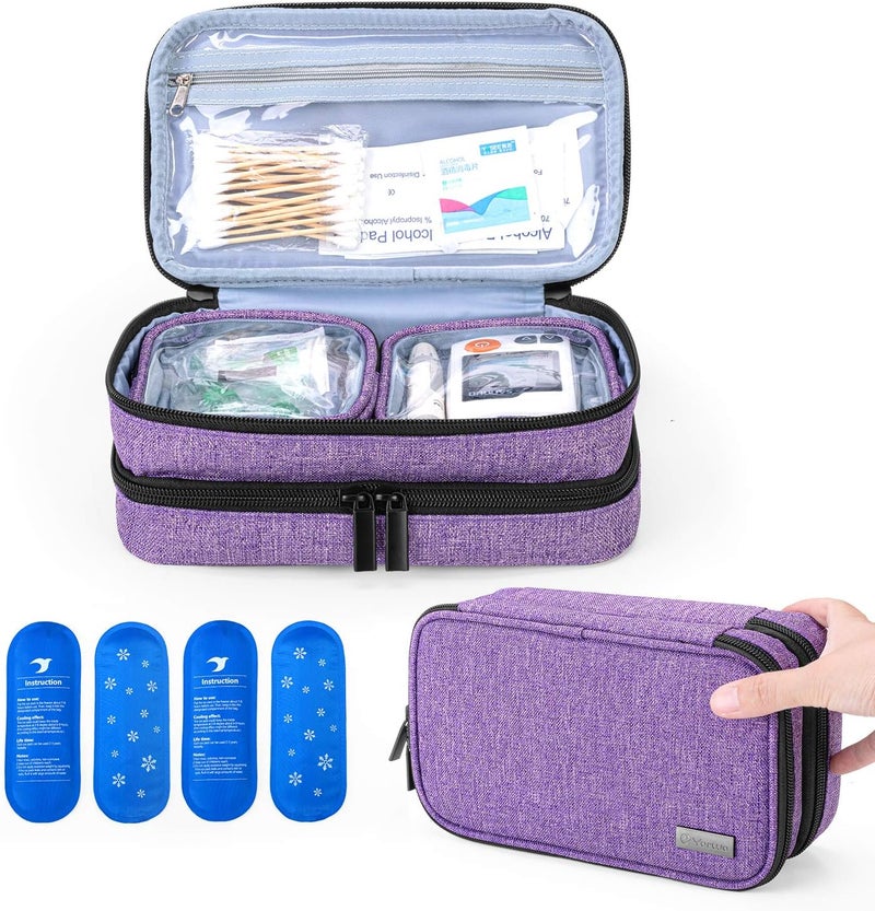 Yarwo Insulin Cooler Travel Case with 4 Ice Packs, Double Layer Diabetic Supplies Organizer for Insulin Pens, Blood Glucose Monitors or Other Diabetes Care Accessories, Purple