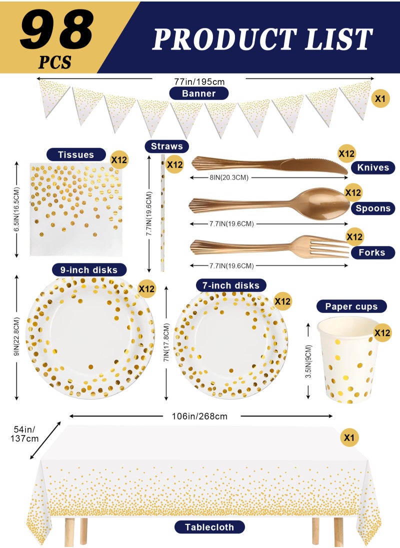 URbazaar 98PCS White and Gold Party Supplies Golden Dot Paper Party Dinnerware Includes Paper Plates Napkins Knives Forks 9oz Cups Banner for Graduation Birthday Party Serves 12  - Image 2